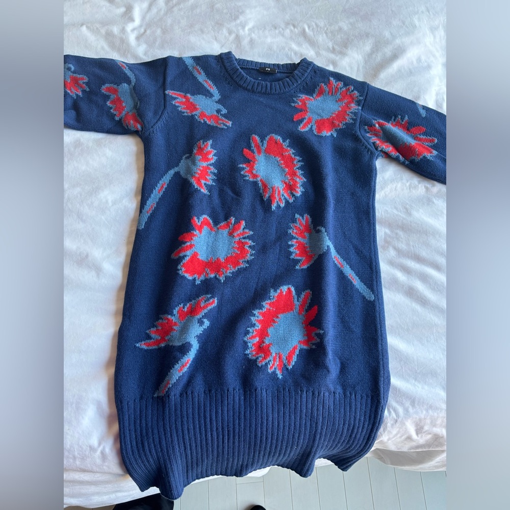Paul Smith Navy Blue Sweater Dress with Red and Light Blue Floral Motif